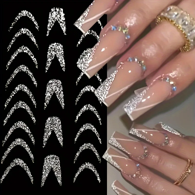 French Nail Art Stickers Self Adhesive Glitter Swirl Line Design Nail Art Decals for Decoration Supplies for Women and Girls