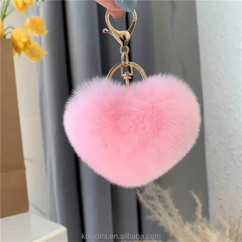 Wholesale Rabbit Plush Faux puff keychain Painted Love Pericardium bag charms Pendant Peach Heart Heart Shaped Pompom Keychain