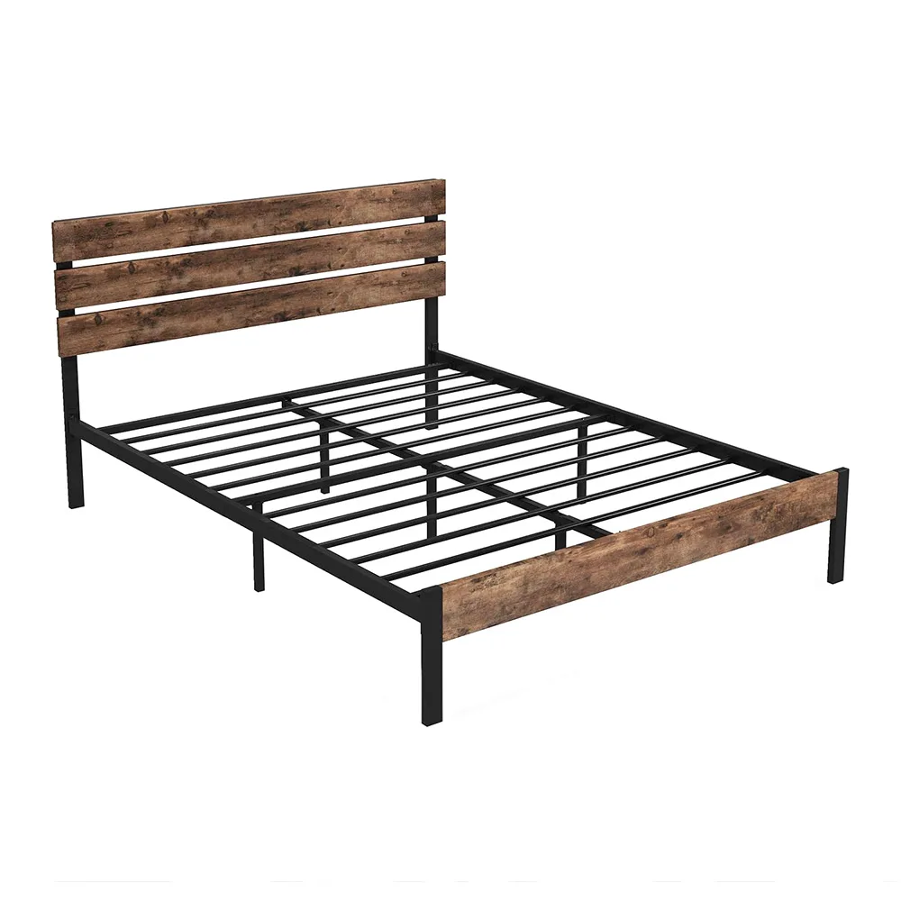 Queen size Wood Slat Support Ironline Metal and Wood Platform Bed with Headboard Footboard