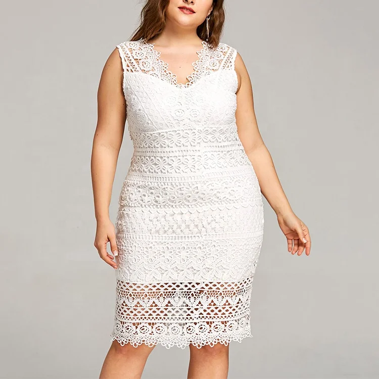 Fashion White V-neck Fat Women Lace Dress Plus Size Hollow Out Sleeveless Knee-length Ladies Pencil Dresses