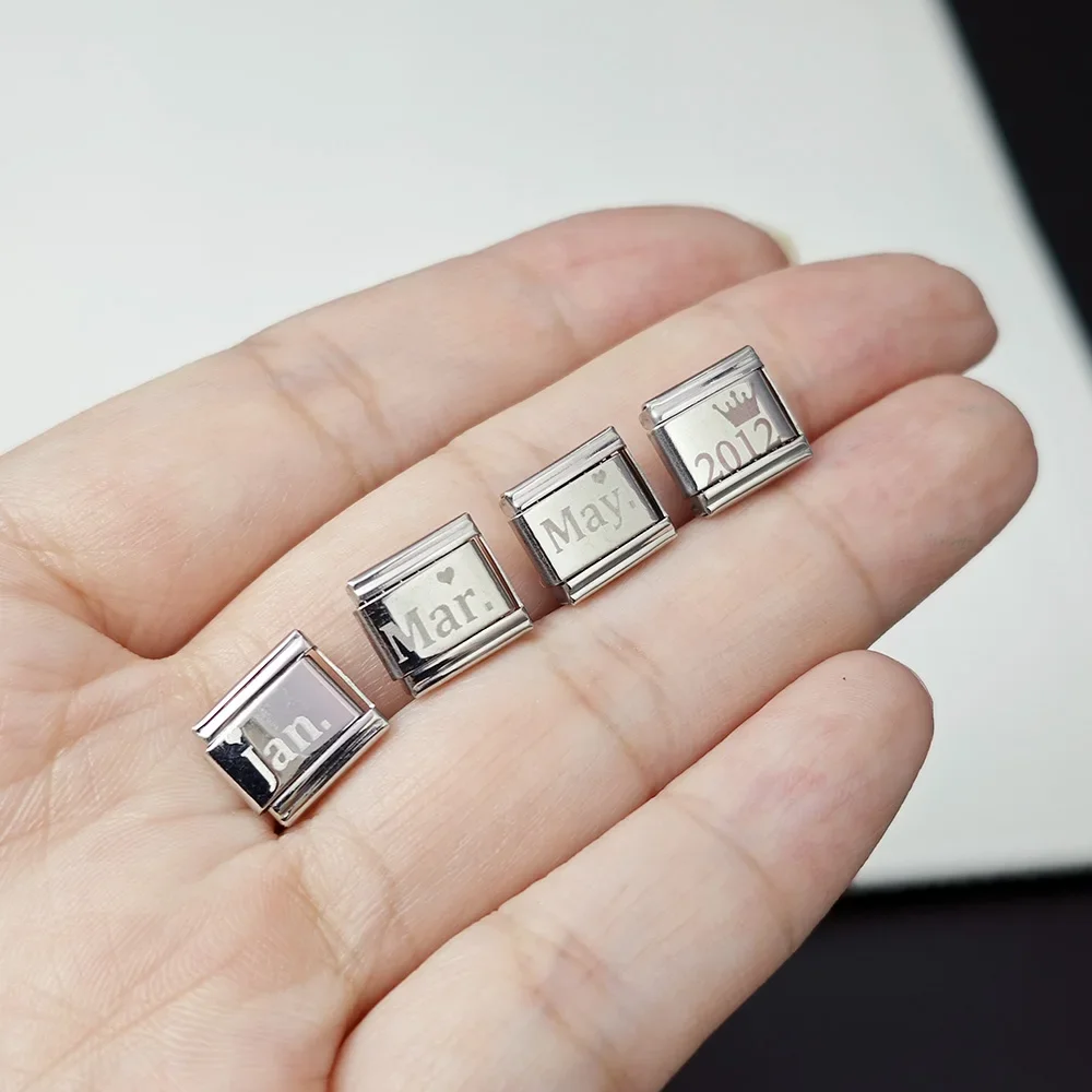 1pcs Italian Charm Laser Engraving Date Stainless Steel Charm 9mm DIY Elastic Link Chain Jewelry Accessories Commemorate Gift