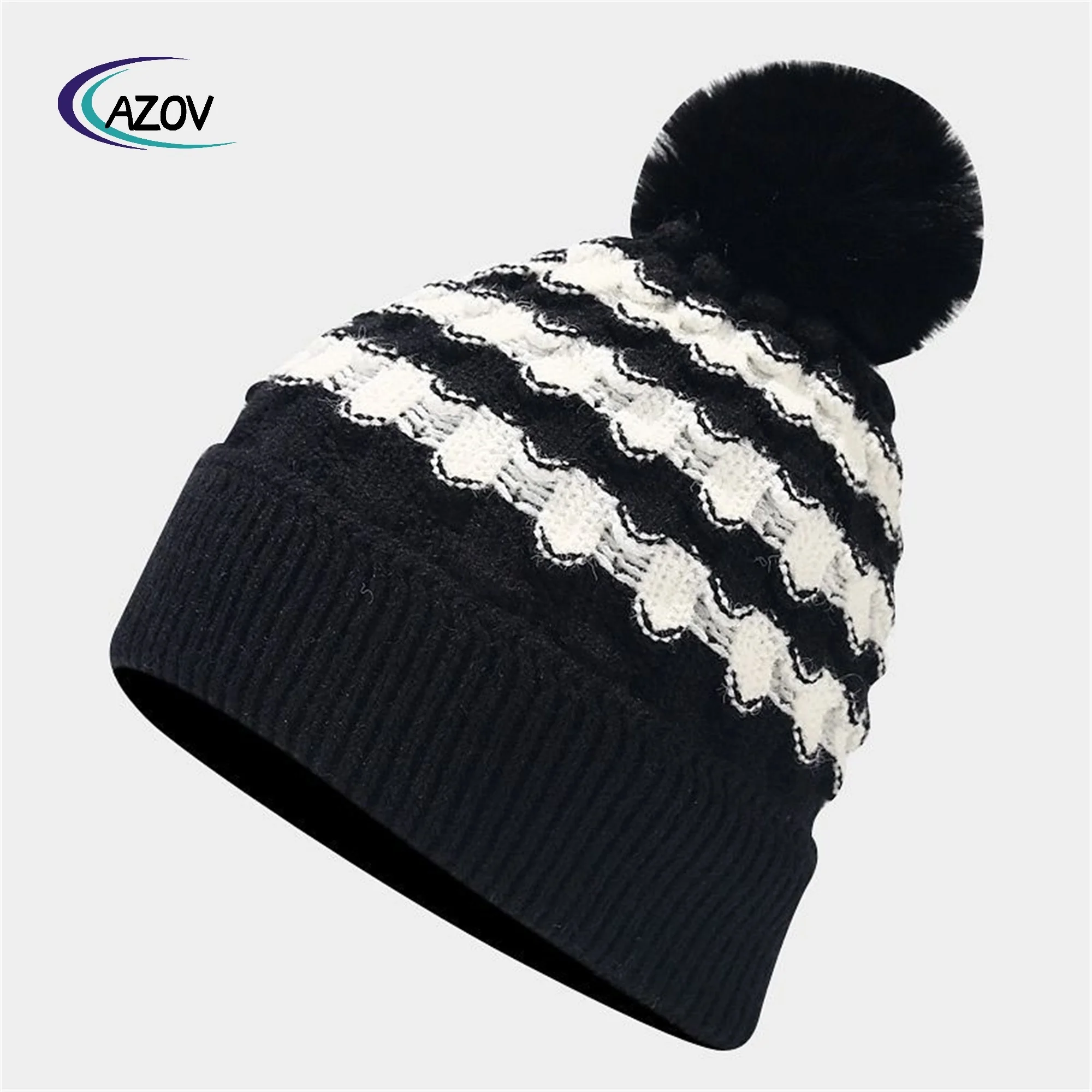 fashion new style contrast color stripes fur ball knitted hat ladies outdoor travel shopping warm wool hat wholesale