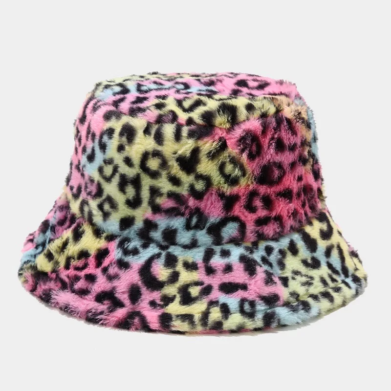 Wholesale Fashion Leopard Printed Pattern Warm Winter Faux Fur Furry Bucket Hat Fluffy Plush Fisherman Cap