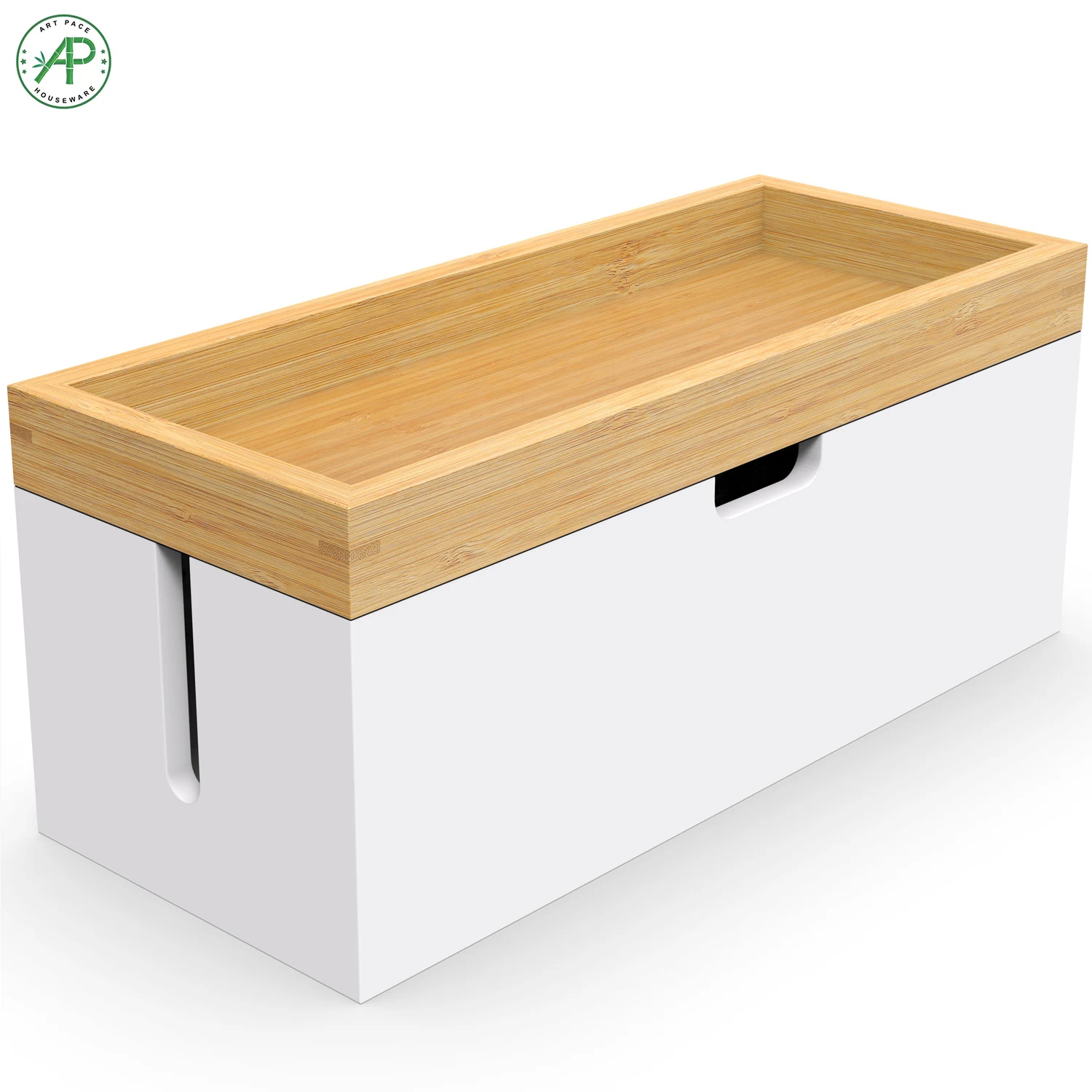 Factory Supply Large Natural Bamboo White Cable Organizer Storage Management Box to Store Chargers Power Strips Cables