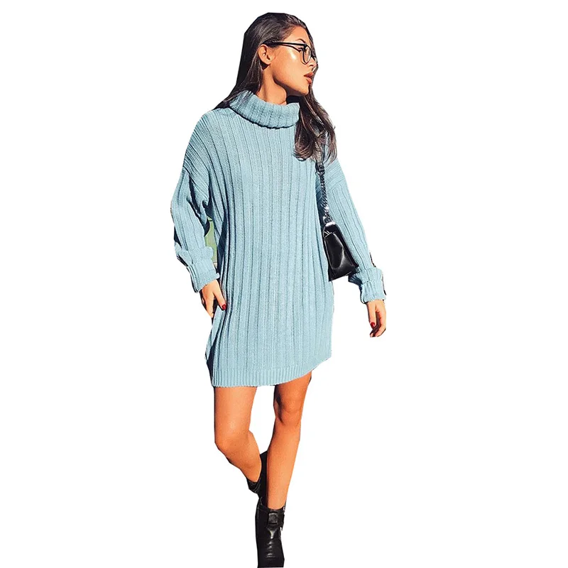 
New Fashion Turtle Neck Ladies Work Solid Color Loose Jersey Korean Sweater Dress 
