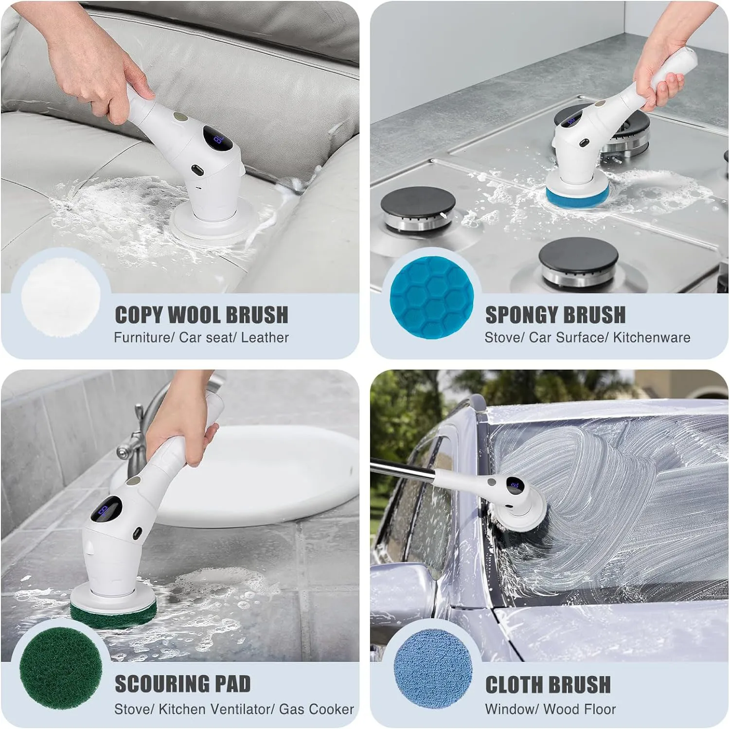 Новое поступление Электрический вращающийся скруббер для очистки ванны с 8 типами сменных щеток голосовое вещание