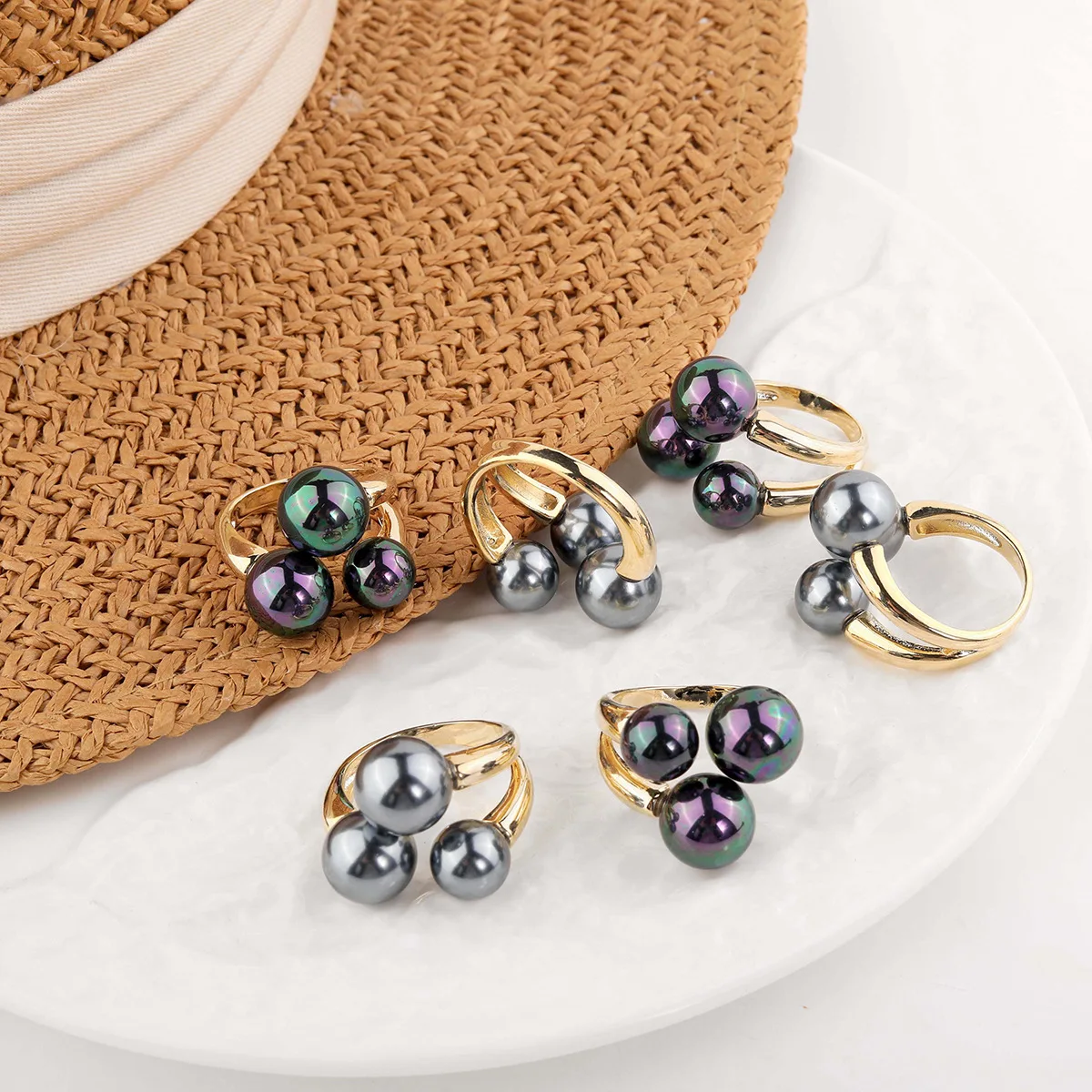 Holiday Jewelry Luxury Natural Beads Layered Open Finger Rings 18K Gold Plated Stainless Steel Black Shell Pearl Rings