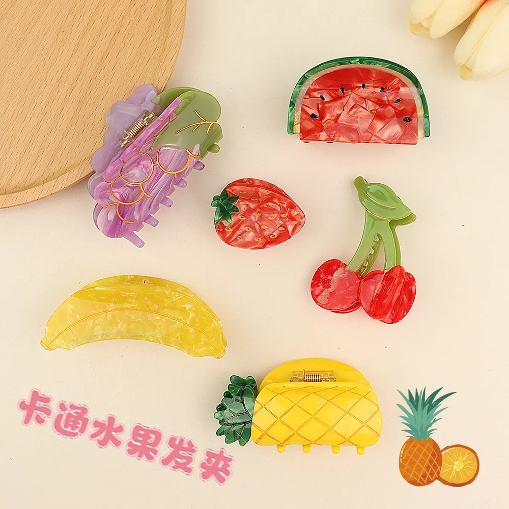 Cute Cartoon Peach Fruit Hair Claw Headpiece Girls Cellulose Acetate Hair Claw Clips Banana Ponytail Holder Hair Accessories