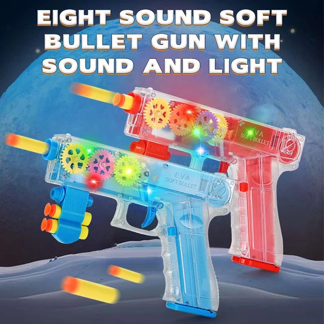 Electric transparent gear vibration sound and light soft bomb eight sound gun multifunction toy gun pistol with soft bullet