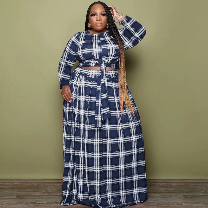 BH698 new arrival 2022 women fall and winter plaid print long sleeve plus size two piece dress set clothing
