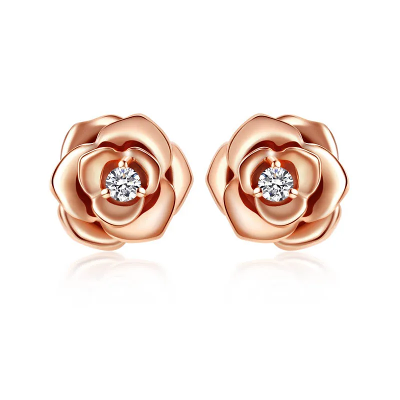 Statement Earrings 18K Rose Gold Diamond Earrings Rose Flower Solid Gold Jewelry Women accessories
