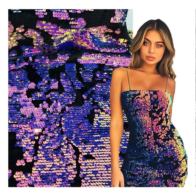2024 Hot selling Shiny shadow reversable Sequin Fabric Embroidery Holographic Sequin velvet Fabric for women and men