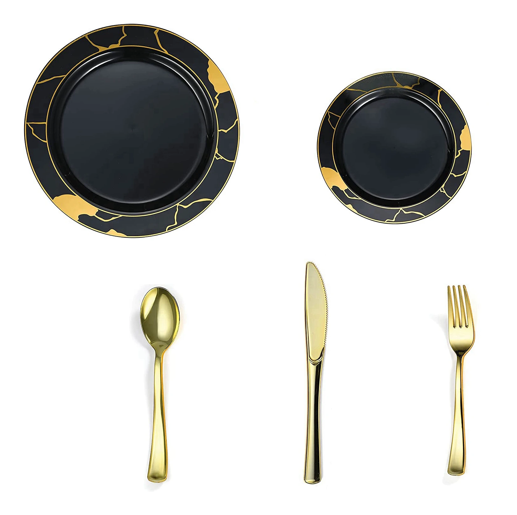 Customized Logo Black and Gold plastic plates Dinner plate and Dessert plate sets disposable for party supplies Silverware sets