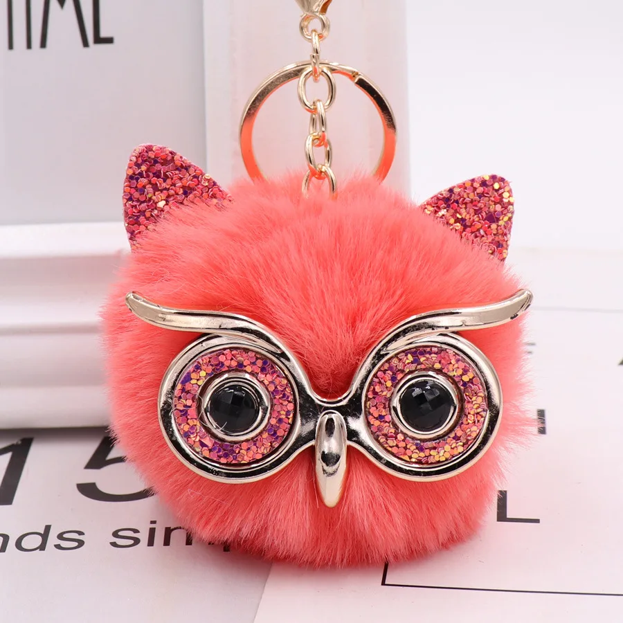 New Owl plush keychain Faux rabbit fur ball bag pendant Colorful fluffy owl ball car pendant factory wholesale