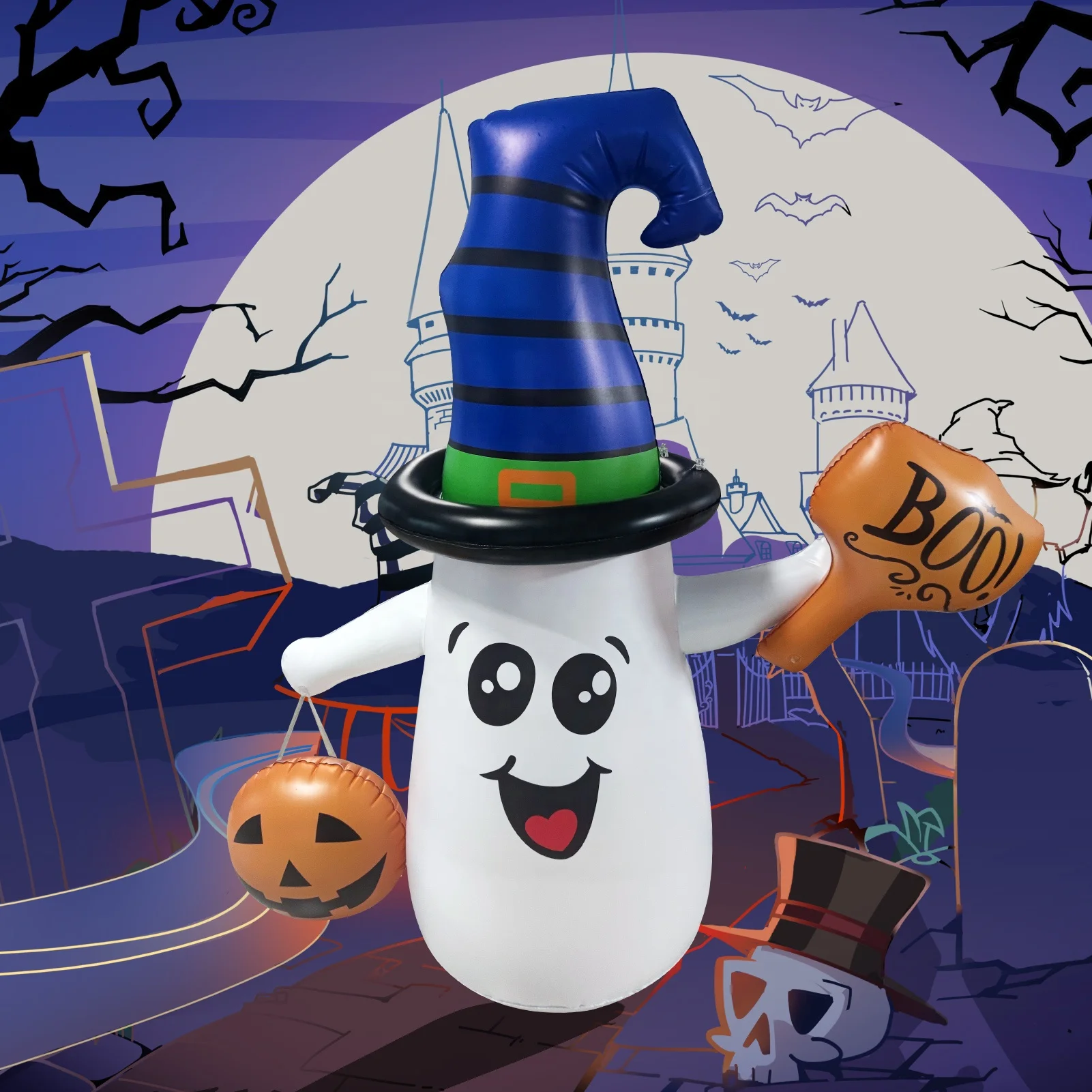 5ft Height Halloween Inflatable LED Lighted White Ghost with Pumpkin Lantern Outdoor Lawn Yard Decoration