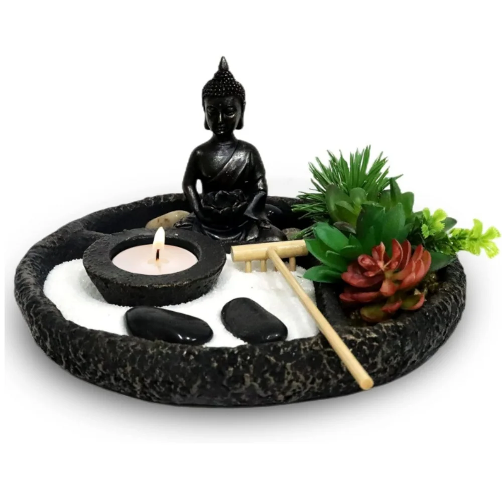 Zen Garden Desk Kit 8x8 Inches Tray Natural Sand Lotus Buddha Figures Rake Japanese Mini Meditation Decor Resin Crafts Gift