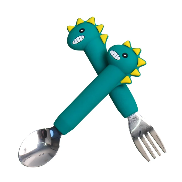 customizable Dinosaur shape baby silicone spoons forks toddler baby children feeding training spoon and fork