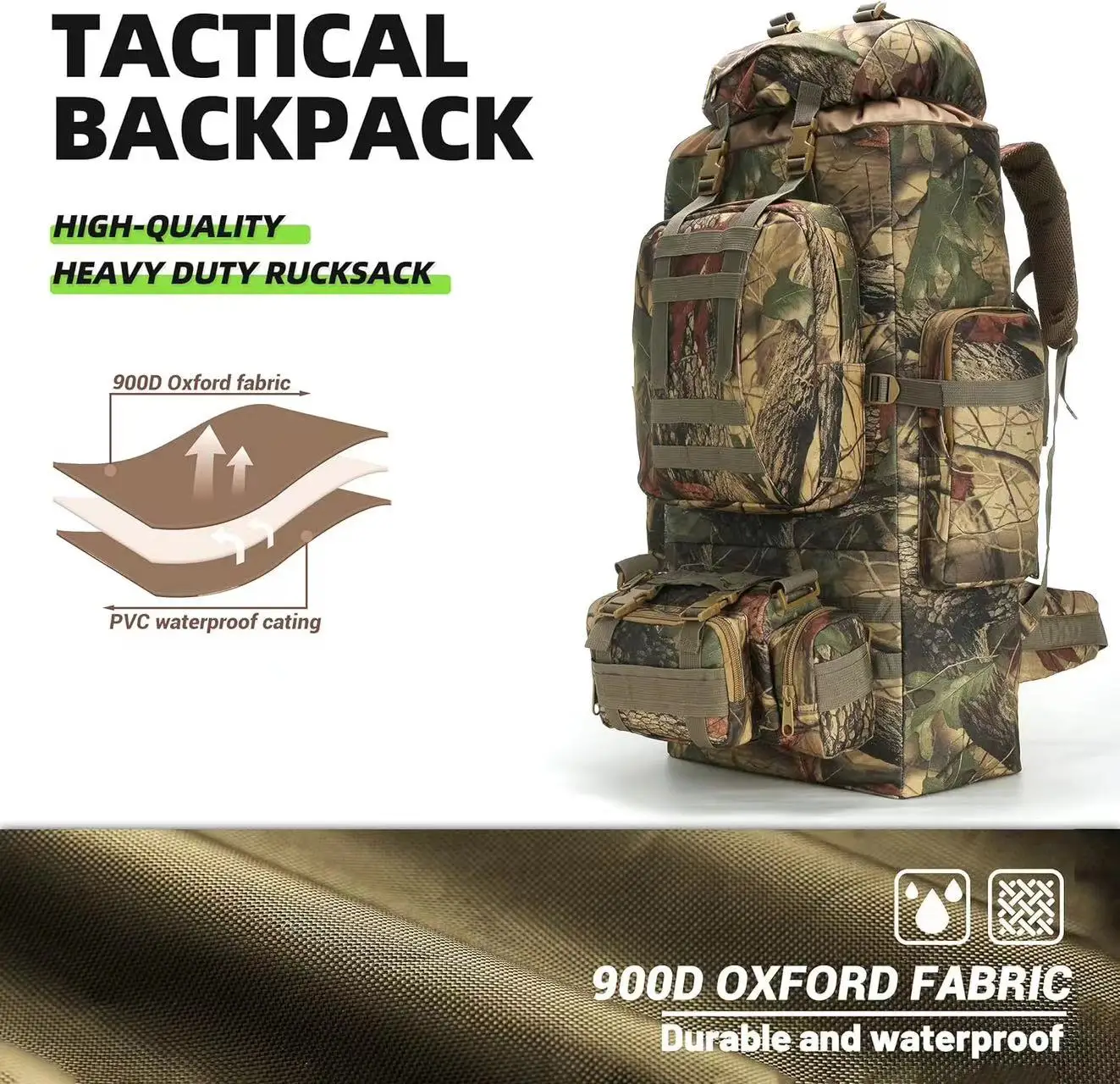 NPOT Large Camping Hiking Outdoor Heavy Duty Tactical Rucksack Packable Lightweight Travel Rucksack