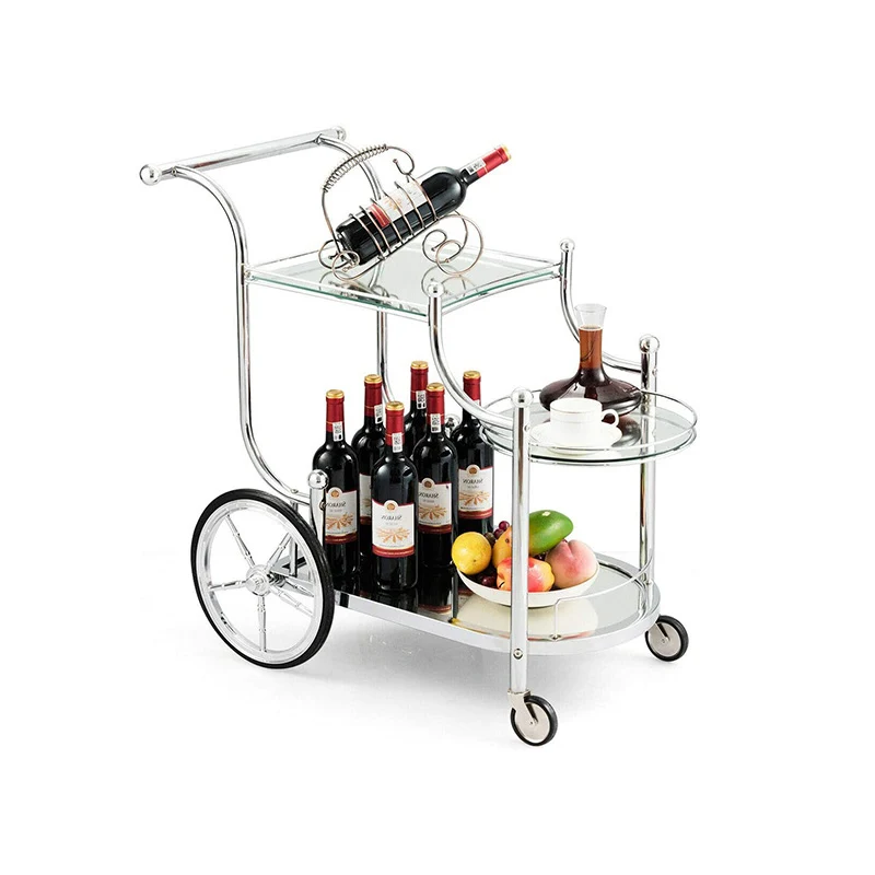 Custom Luxury Metal Drink Wine Display Racks Trolley Gloss Silver Bar Cart