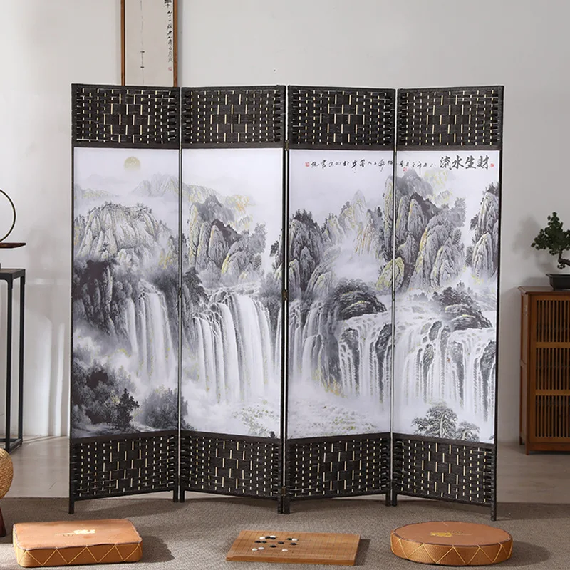 Chinese Folding Mobile Partition Wall Simple Modern fabric Rattan canvas screens & room dividers