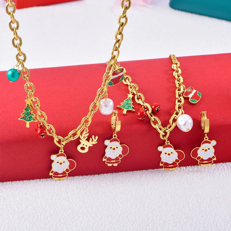 Epoxy Christmas Men Necklace Stainless Steel Cute Christmas Charms Pendant Bracelet Earrings Set