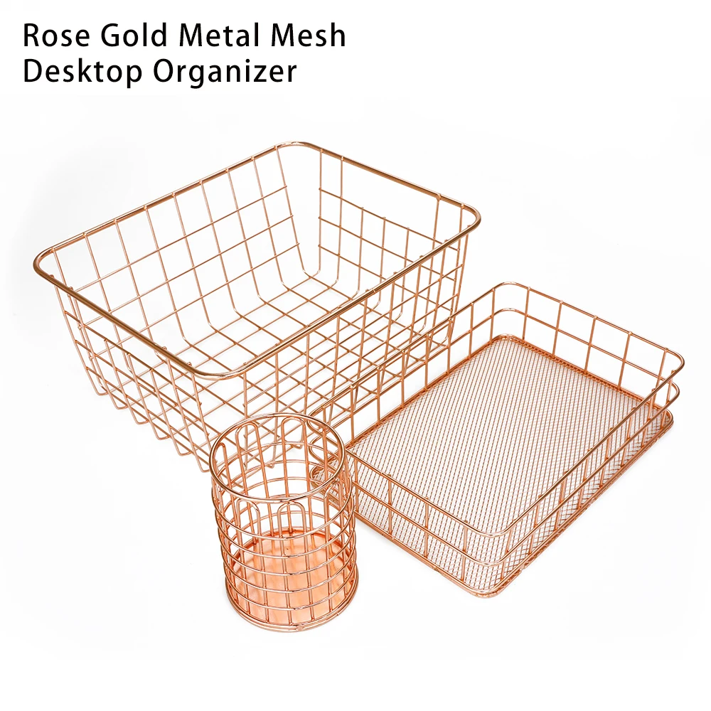 Rose Gold Metal Mesh Desktop Organizer Iron Round Pen Holder Pencil Storage Container for Home Office