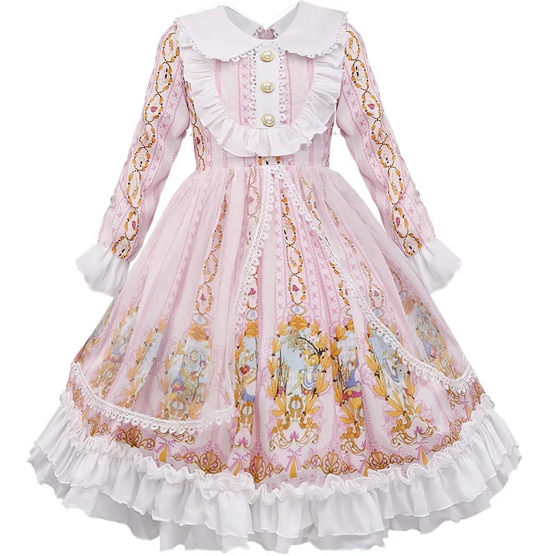 Оптовая продажа, милое женское платье лолиты с оборками и кружевной отделкой, японское платье с длинным рукавом в стиле Харадзюку для подростков