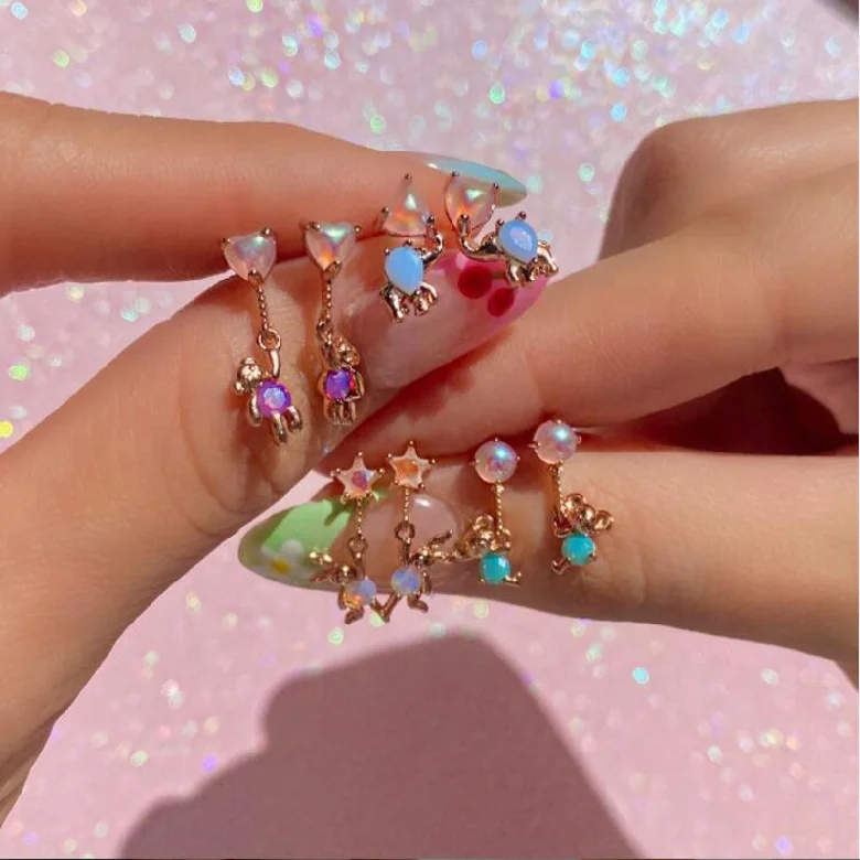 INS New Koala Mickey Teddy Bear Earrings 18k Gold-plated Cute Flower Star Moon Tassel Stud Earring for Women Jewelry Gifts