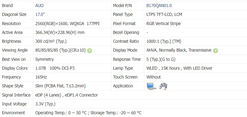 B170QAN01.0 17-дюймовый 2560x1600 CCFL Яркость 300 cd/m2 дисплей TFT ЖК-панель модули для цифровой вывески