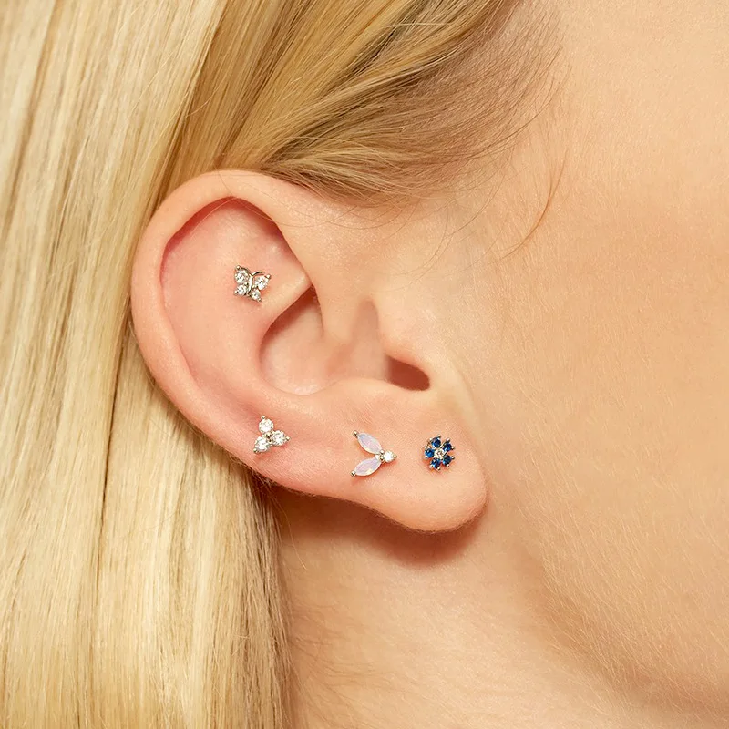 Tiny Stud 14K 18K Pure Gold Solid Flower Shape Ear Piercing Studs White Topaz Earrings Piercing Jewellery /