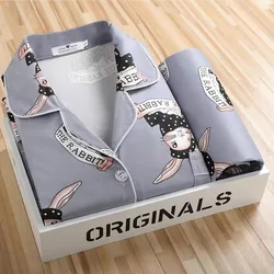 Cheap Women Sleepwear Lapel Milk Silk Fabric Turn-down-neck Loungwear Pajamas Cartoon Long Sleeve Trousers 2Pcs Sets Pjs