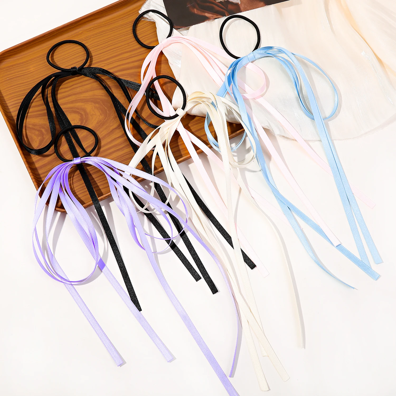 Hot Sale New Arrival Handmade Colorful Bow Hair Ties Skinny Ribbon Bow Elastic Hair Band with Long Tail Girls Accessories