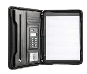Portable Professional Business Portfolio Folder Document Case Organizer A4 PU Leather Zippered Closure with Calculator