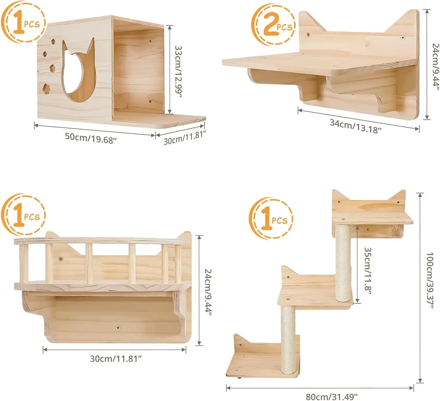 Pine bamboo cat wall climbing frame set of 5 cat wall furniture cat shelves and perches