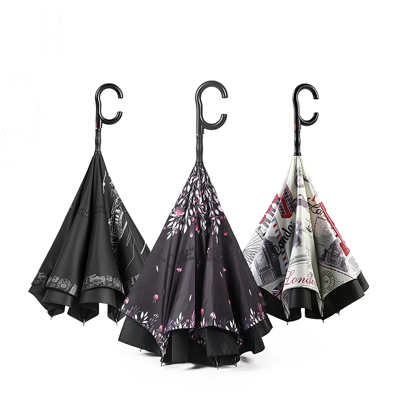 Best quality sunny and rainy inverted umbrella windproof double layer reverse opening umbrella with C shape handle