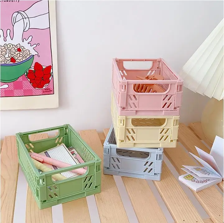 Mini colorful plastic PP portable classroom folding storage baskets box with handle