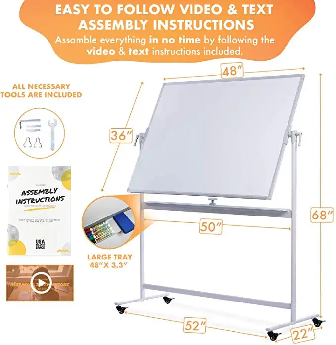 
48x36 Classroom Dry Erase Mobile Magnetic Double Sided Whiteboard - Large Rolling Whiteboard with Stand on Wheels+Magnet+ Eraser 