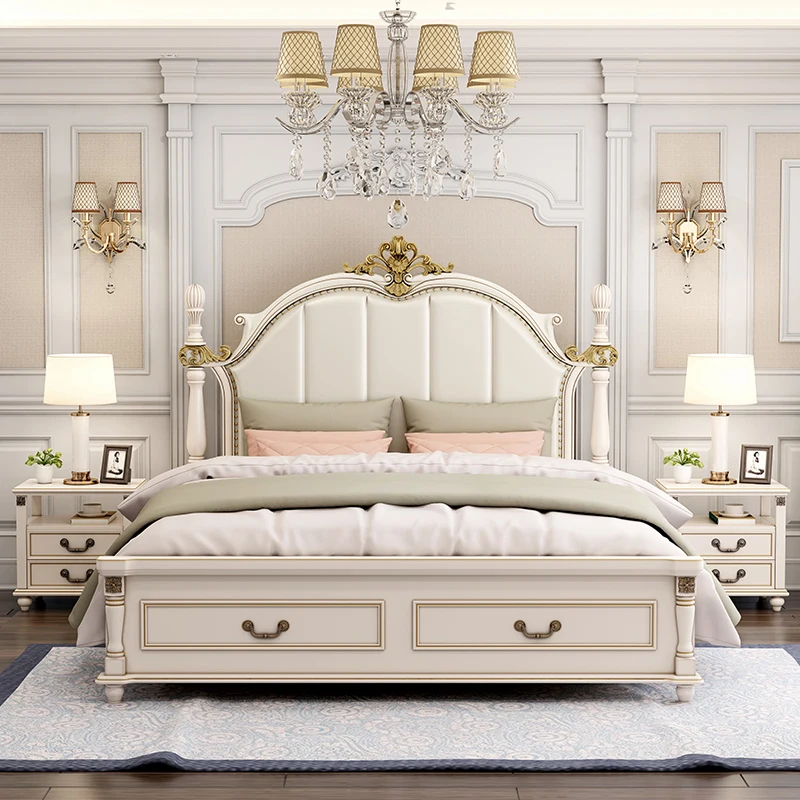 American Style Light Luxury Double Bed Master Bedroom European Style 1.5 M Storage Queen Bed Solid Wood Furniture