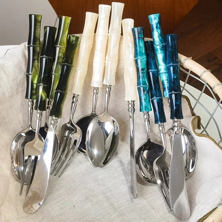 Hot Selling 18/10 luxury high quality acrylic handle silver stainless steel cutlery set or wedding party Flatware Sets