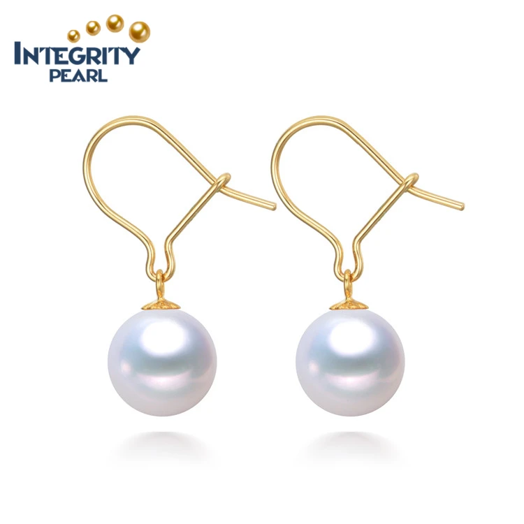 Korea Style Real Genuine 18K Gold Round Freshwater Cultured  Pearl Earrings Fashionable