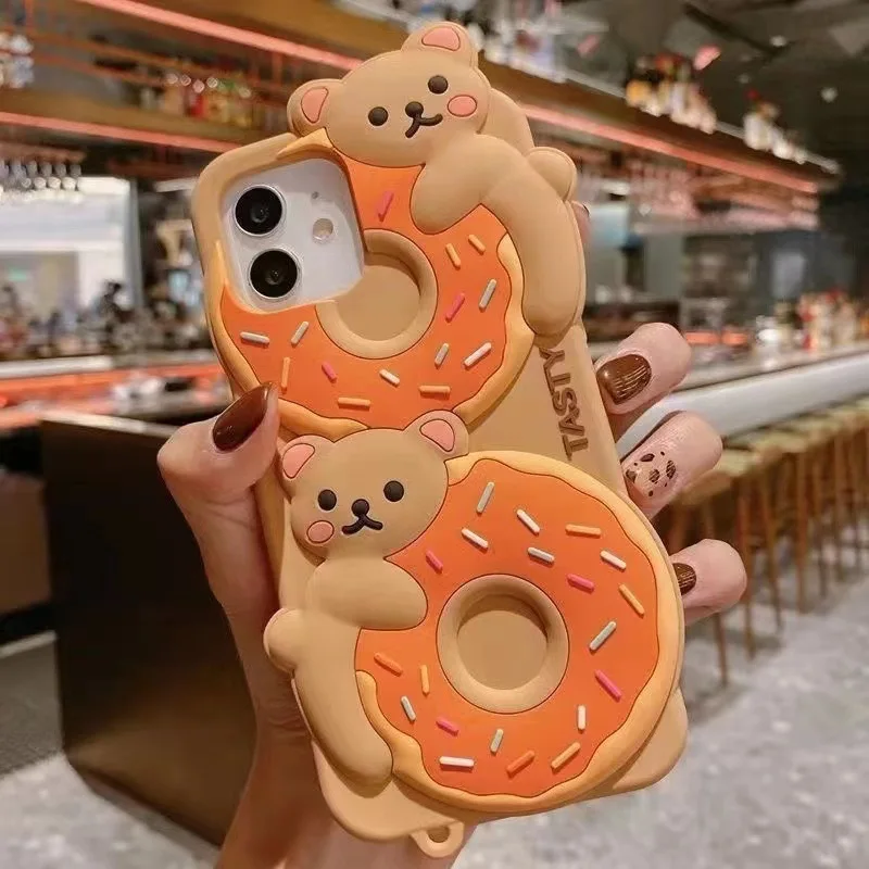 Cartoon 3D Biscuit Bear Case For Apple iPhone 14 13 Pro Max 12 11 XR XS SE 2020 6 7 8 Plus Cute Animals Soft Silicon phone Cover