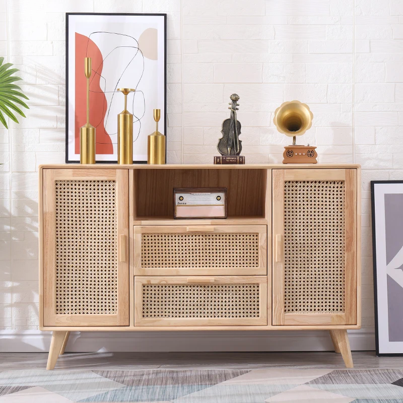 Bedroom Furniture Wooden 2 Door 4 Drawers Chest Living Room Rattan Wood Sideboard Storage Cabinet