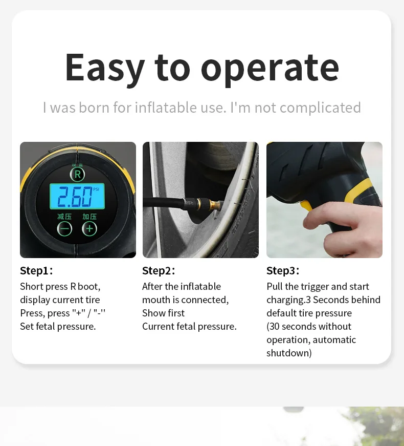 Portable car wireless air pump with light digital display Mini handheld tire air pump USB + cigarette lighter cable charging