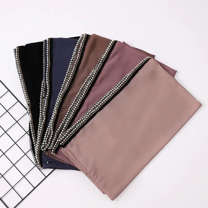 New Style Malaysia Indonesia Muslim Hijabs Pearl Chain Edge Bubble Chiffon Scarf Shawls for Women Hijab 2021