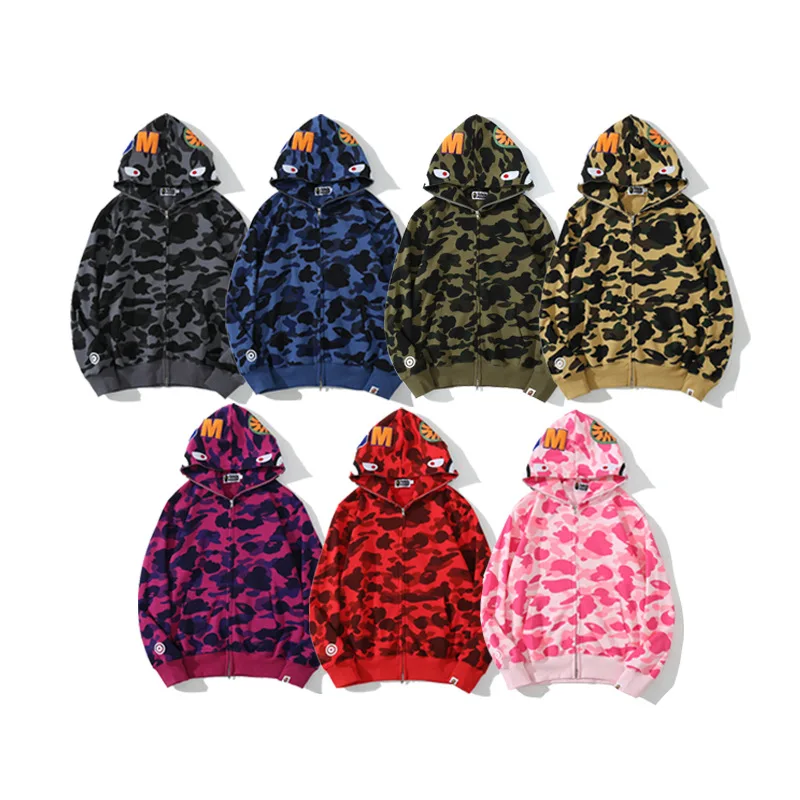 High Quality Wholesale Ape Shark Camo Double Head Hoodie Casual Sweatshirt Full Zipper Unisex Hoodies Jacket