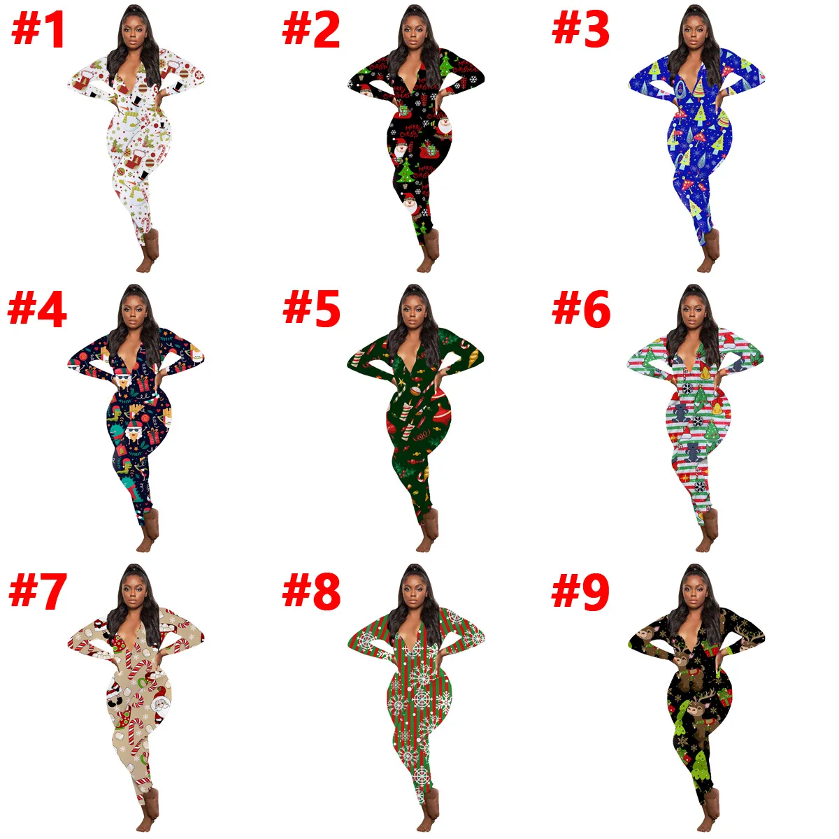 Bodycon Jumpsuits Drop Shipping Long Sleeve Romper Bodysuit Women Adult Wap V Neck Onesie Christmas Pajamas with button flap
