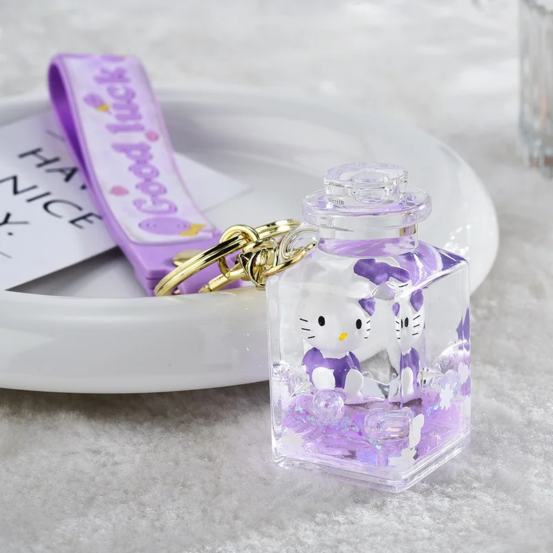 Cartoon KT cat Liquid milk tea cup keychain cute  keychain kawaii girl bag pendant acrylic quicksand car key chain