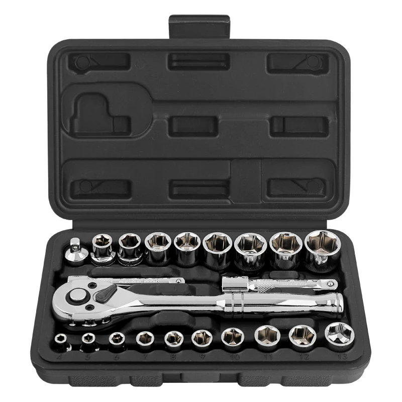 22pc Metric 4 - 17mm 1/4' & 3/8' Drive Socket Tool Kit Set. Ratcheting Wrench & Extension Bars in a Compact Box. OEM ODM Ready