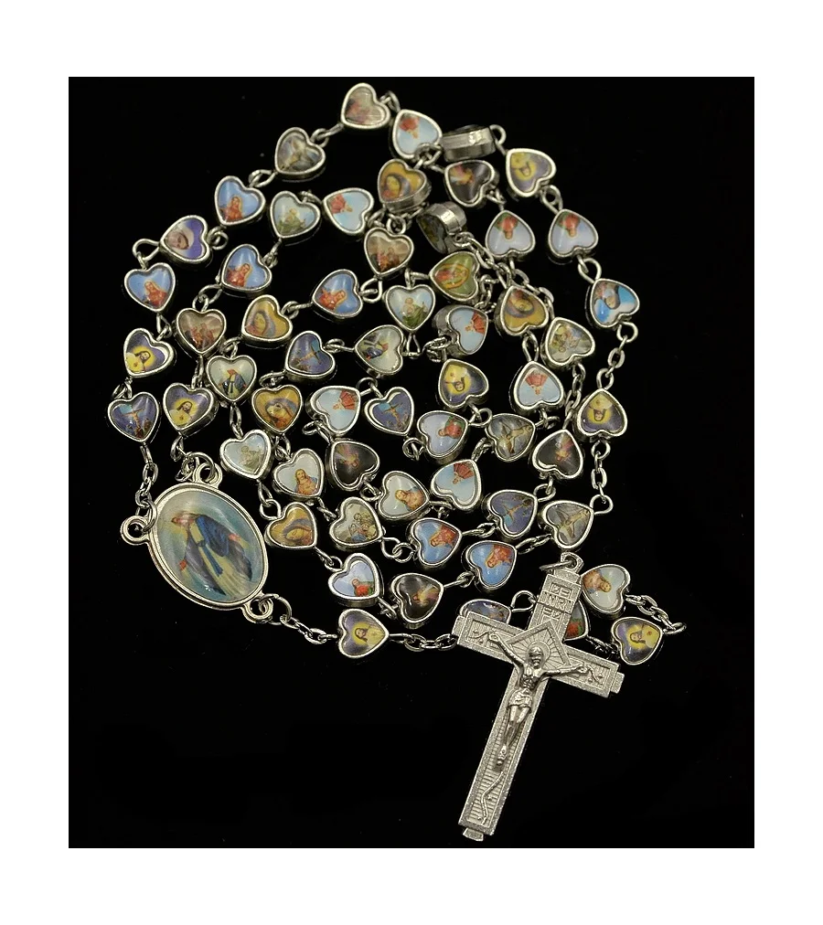 Mix Picture Catholic Figures Alloy Bead Catholic Rosary Cross  Necklace Heart Shape Bead