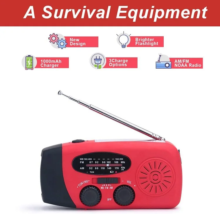 Portable 2000mAh Rechargeable Batteries Emergency Hand Crank Self Powered AM/FM NOAA Solar Weather Radio with LED Flashlight